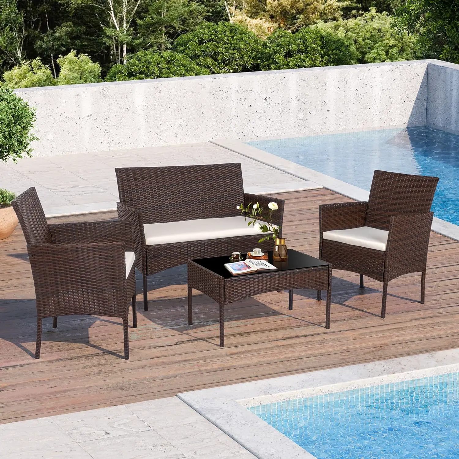 Set mobilier terasă ratan 4 piese cu măsuță, culoare maro