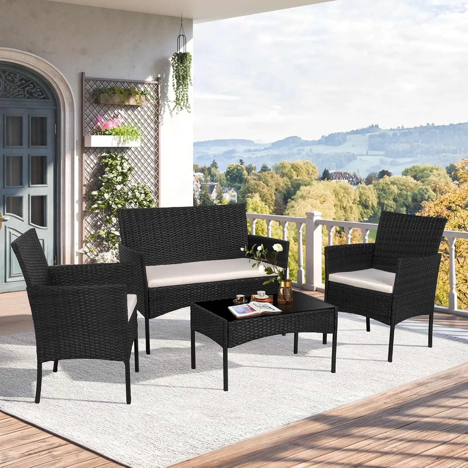Set mobilier terasă ratan 4 piese cu măsuță, culoare neagră